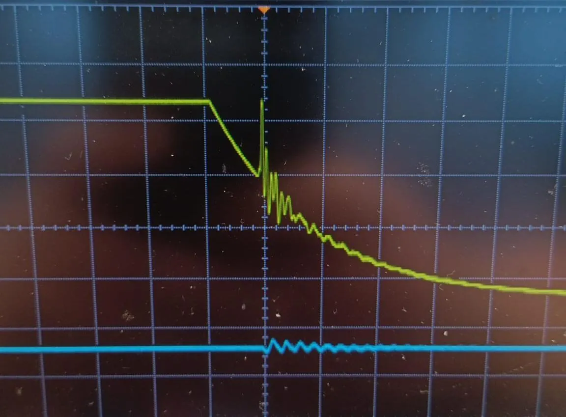 Oscilloscope screen showing two traces highlighting a transient event