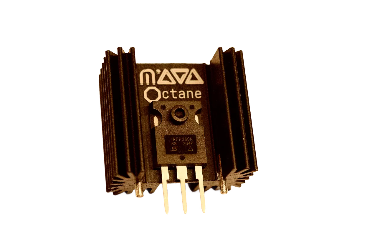 An IRFP260N power MOSFET mounted on a heatsink, laser-marked with the MAYA Octane logo