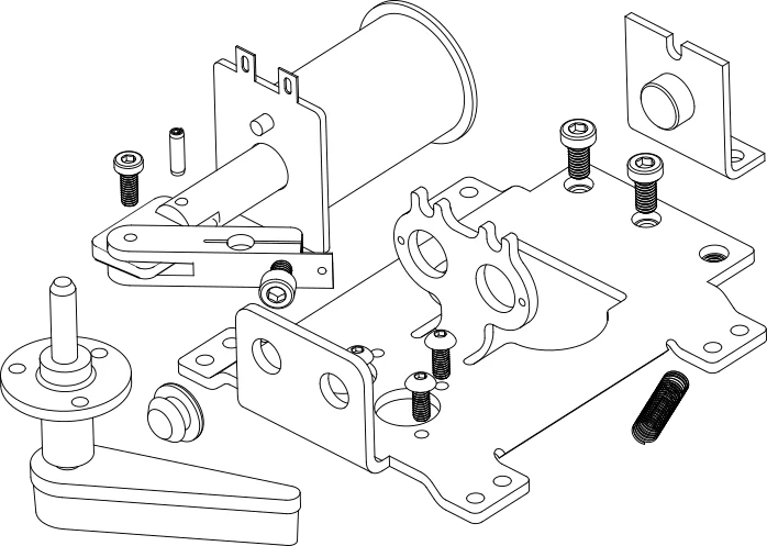 Exploded diagram of a symmetric MAYA pinball Octane flipper system baseplate assembly, showing the coil, plunger and linkage, crank, coil stop, and mounting plate separated along the assembly axis, with no end-of-stroke switch or actuating linkage present.