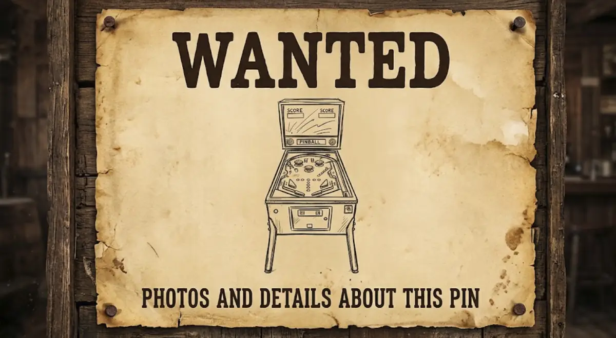 Wanted poster nailed to a wooden wall, with a drawing of a pinball machine and the words: photos and details about this pin