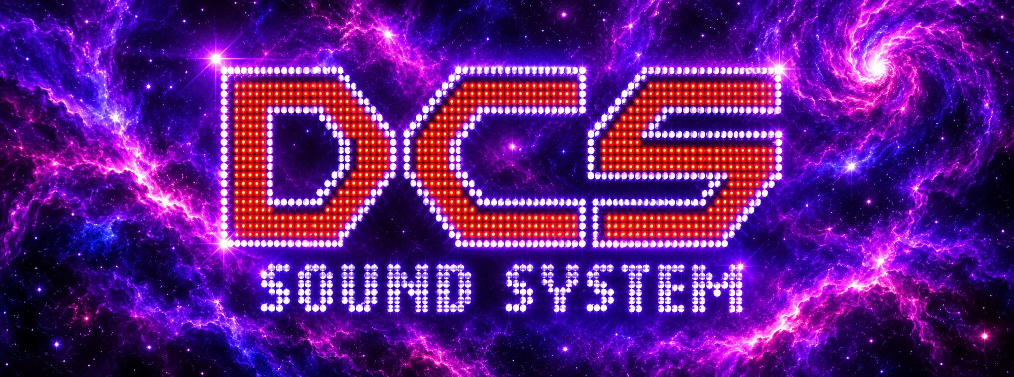 DCS Sound System lettering in red and white lights against a purple galaxy