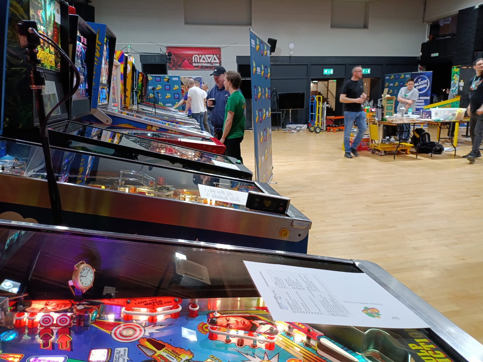 Pinball machines set up in the Carnegie Hall in Thetford, UK