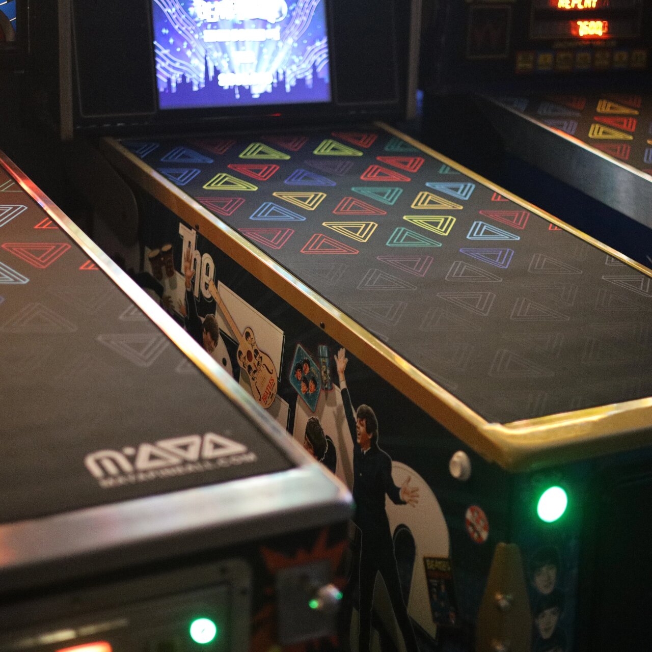 MAYA Glass Defender on a Beatles pinball machine with moody ambient lighting