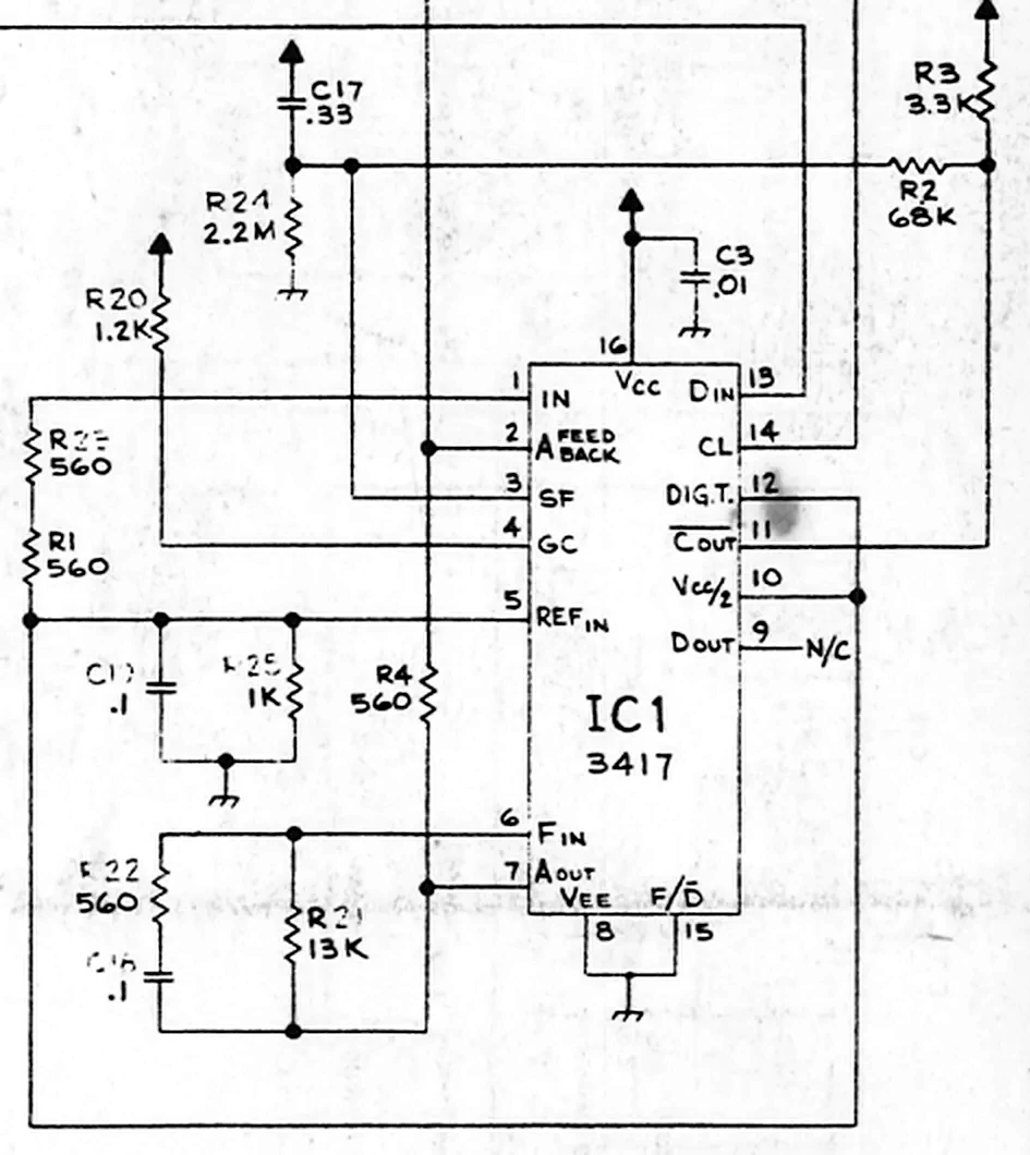 Section of the Williams speech module schematic showing IC1, an MC3417, with C17, R2, R3, R24, R20, R21, R22 and C16 around it