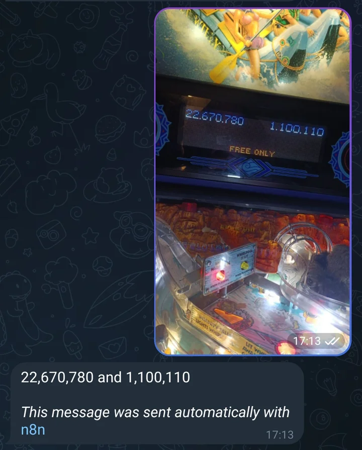 Telegram bot using Qwen3-VL OCR to read player scores from a White Water pinball display showing 22,670,780 and 1,100,110