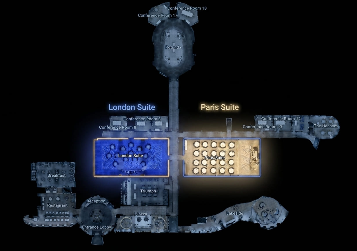 Floorplan of The Leonardo Hinckley Island showing the London Suite and Paris Suite highlighted in blue and gold, connected via the central corridor to the Rotunda, reception, restaurant, and Lakeside function space