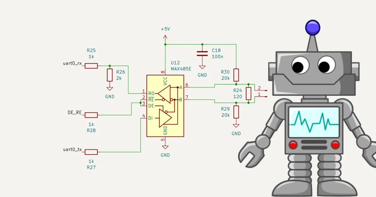 RS485 comms node schematic with cartoon robot