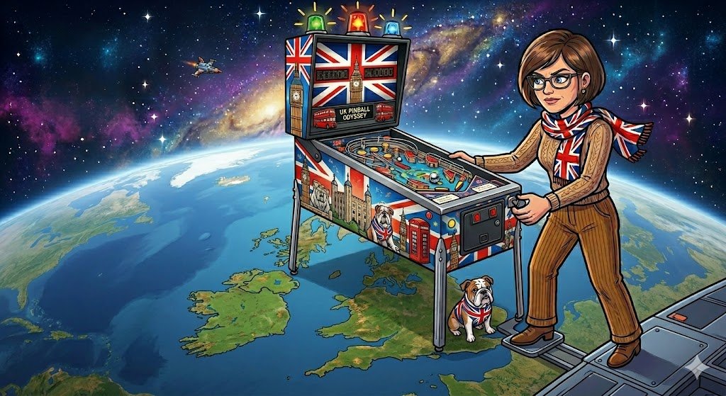 A woman playing a UK pinball machine in space above the British Isles