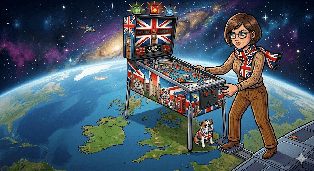 A woman playing a UK pinball machine in space above the British Isles