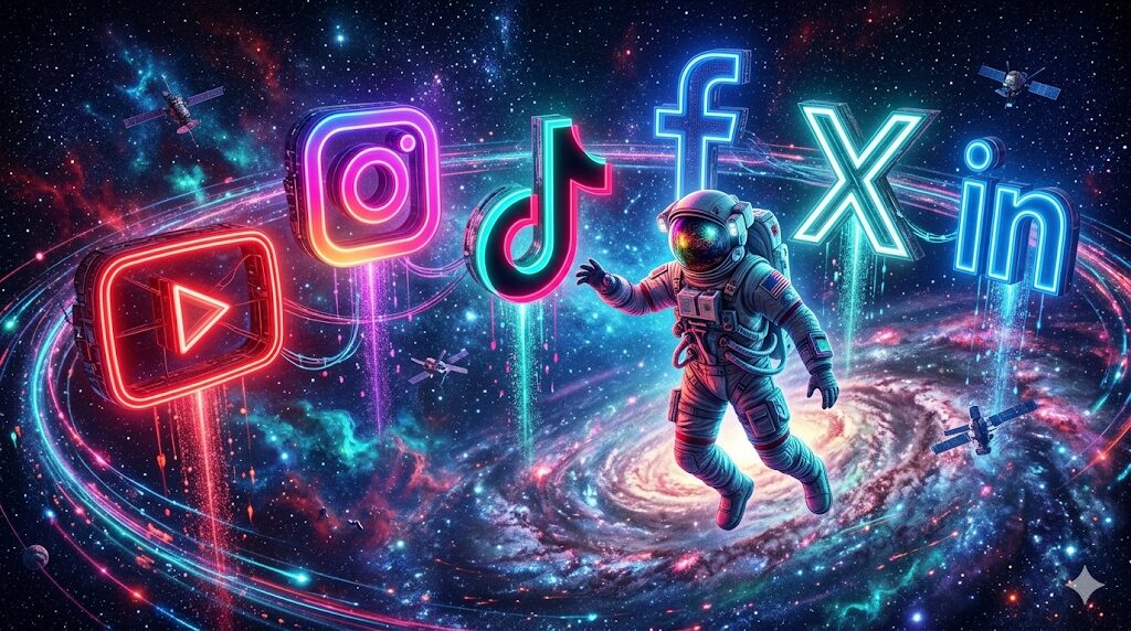 An astronaut floating in space surrounded by glowing neon YouTube, Instagram, TikTok, Facebook, X and LinkedIn logos